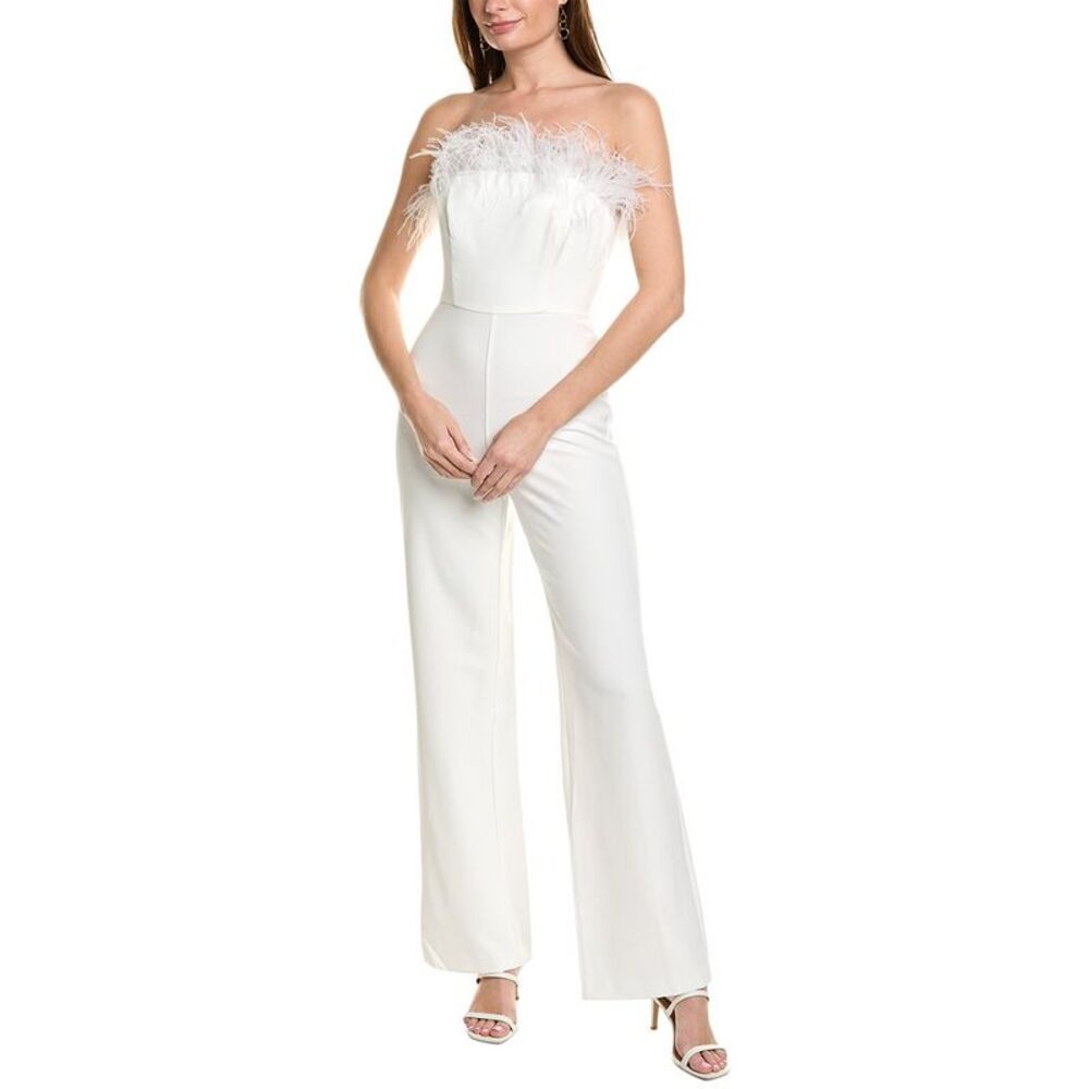 Aidan Mattox White Strapless Feather Trim Jumpsuit